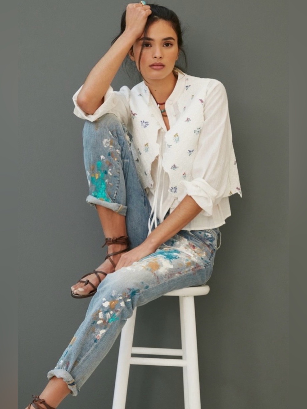 Anthropologie Light Wash Boyfriend Jeans with Paint Splatter